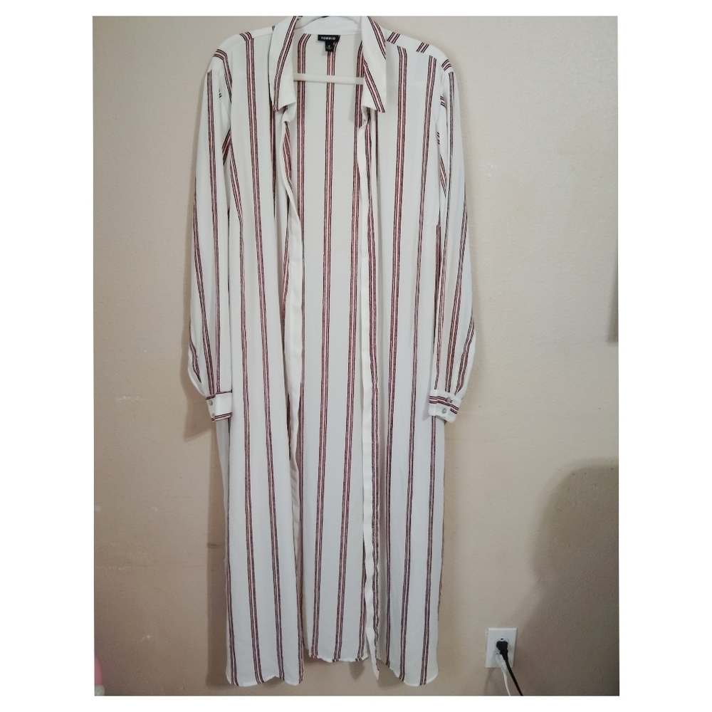Torrid Black Red Stripe Georgette Trench Kimono Size 4 - Picture 3 of 6